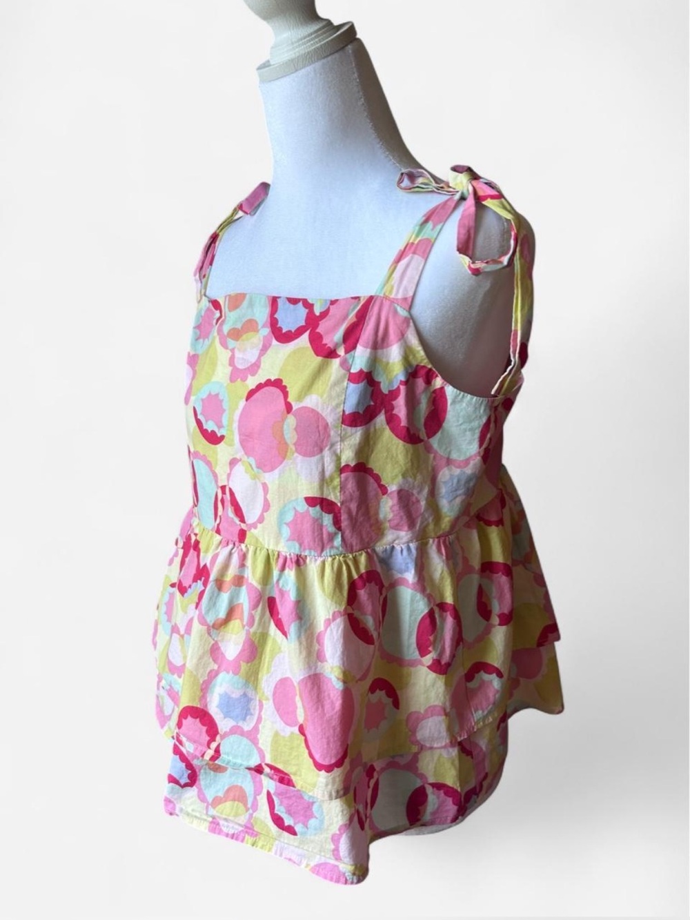 THML Retro Floral Tiered Babydoll Top - Size L Tie Shoulder Cotton